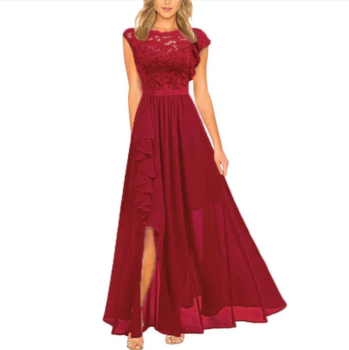 Women Lace Evening Dress with A-Line Maxi Skirt and Elegant Ruffle Detail