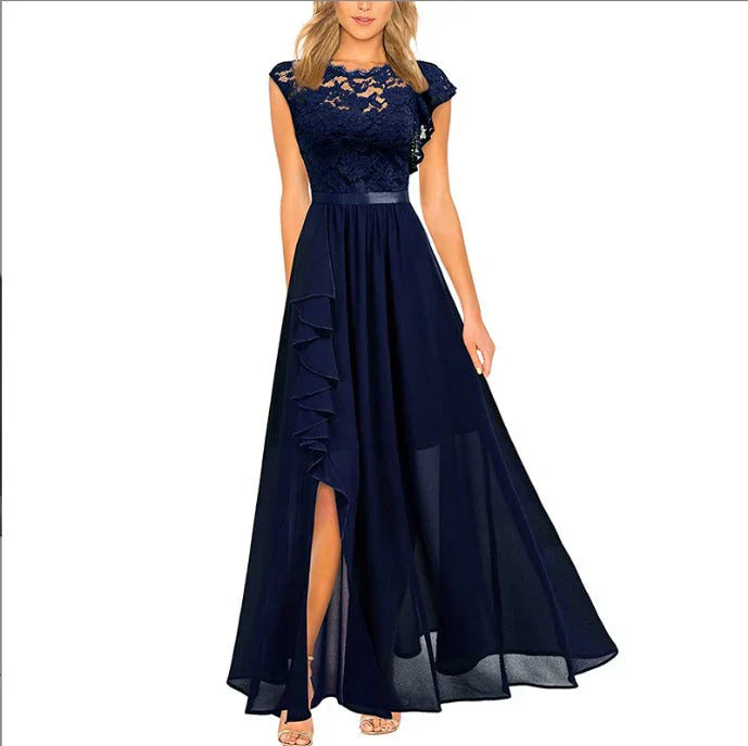 Women Lace Evening Dress with A-Line Maxi Skirt and Elegant Ruffle Detail
