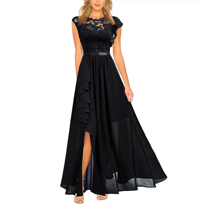 Damen Spitzen-Abendkleid mit A-Linien-Maxirock und elegantem Rüschen-Detail