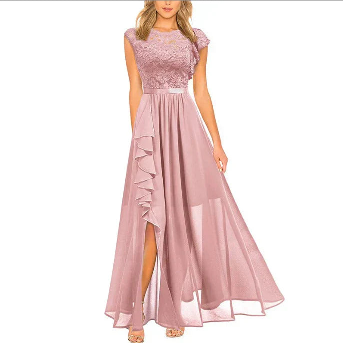 Women Lace Evening Dress with A-Line Maxi Skirt and Elegant Ruffle Detail