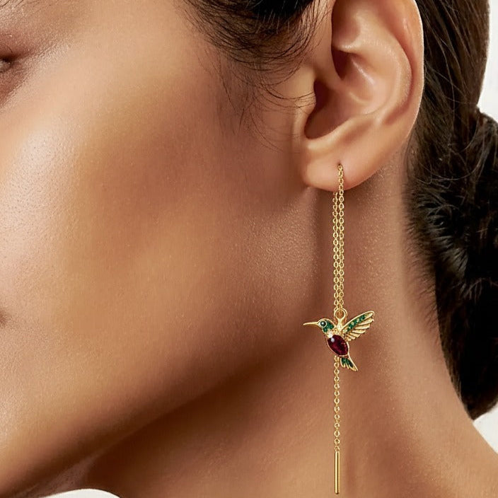 Boucles d’oreilles pendantes pour femme avec colibri en cristal et fil