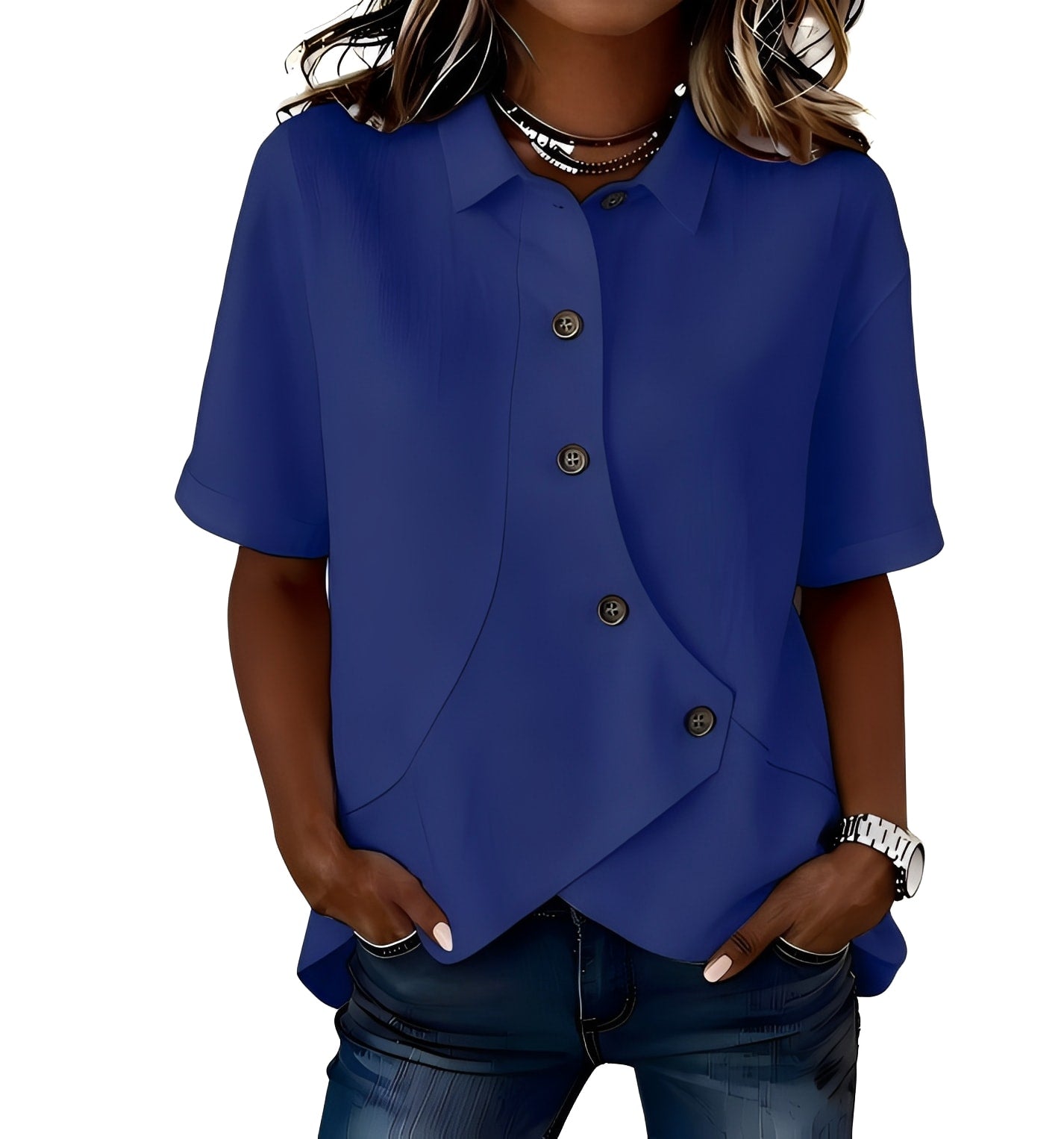 Blouse décontractée asymétrique pour femme avec col et boutons sur le devant