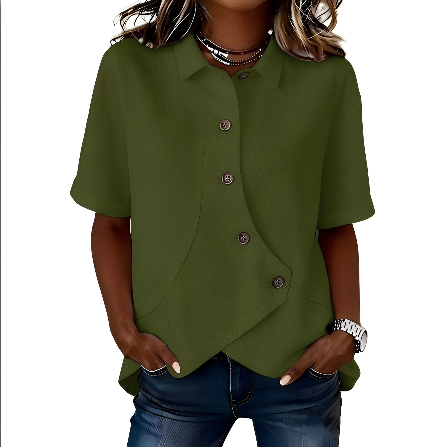 Blouse décontractée asymétrique pour femme avec col et boutons sur le devant