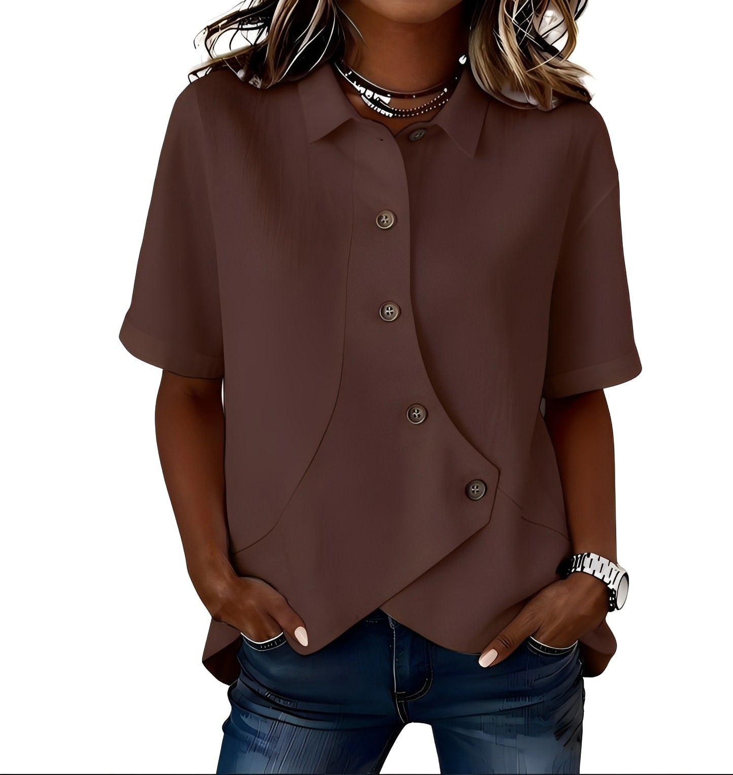 Blouse décontractée asymétrique pour femme avec col et boutons sur le devant