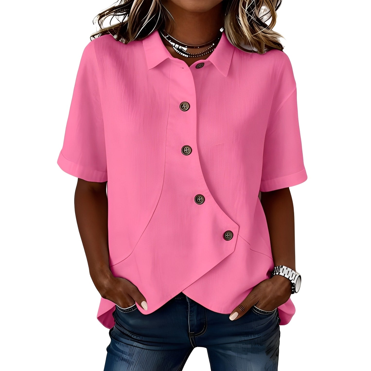 Blouse décontractée asymétrique pour femme avec col et boutons sur le devant