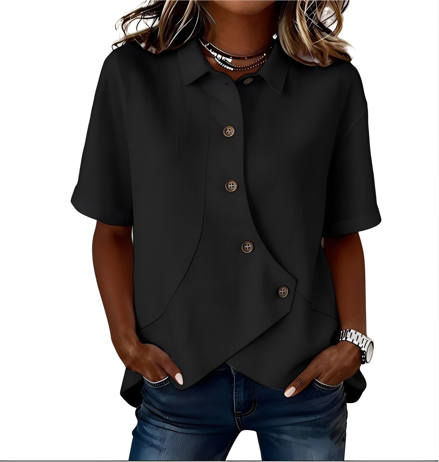 Blouse décontractée asymétrique pour femme avec col et boutons sur le devant