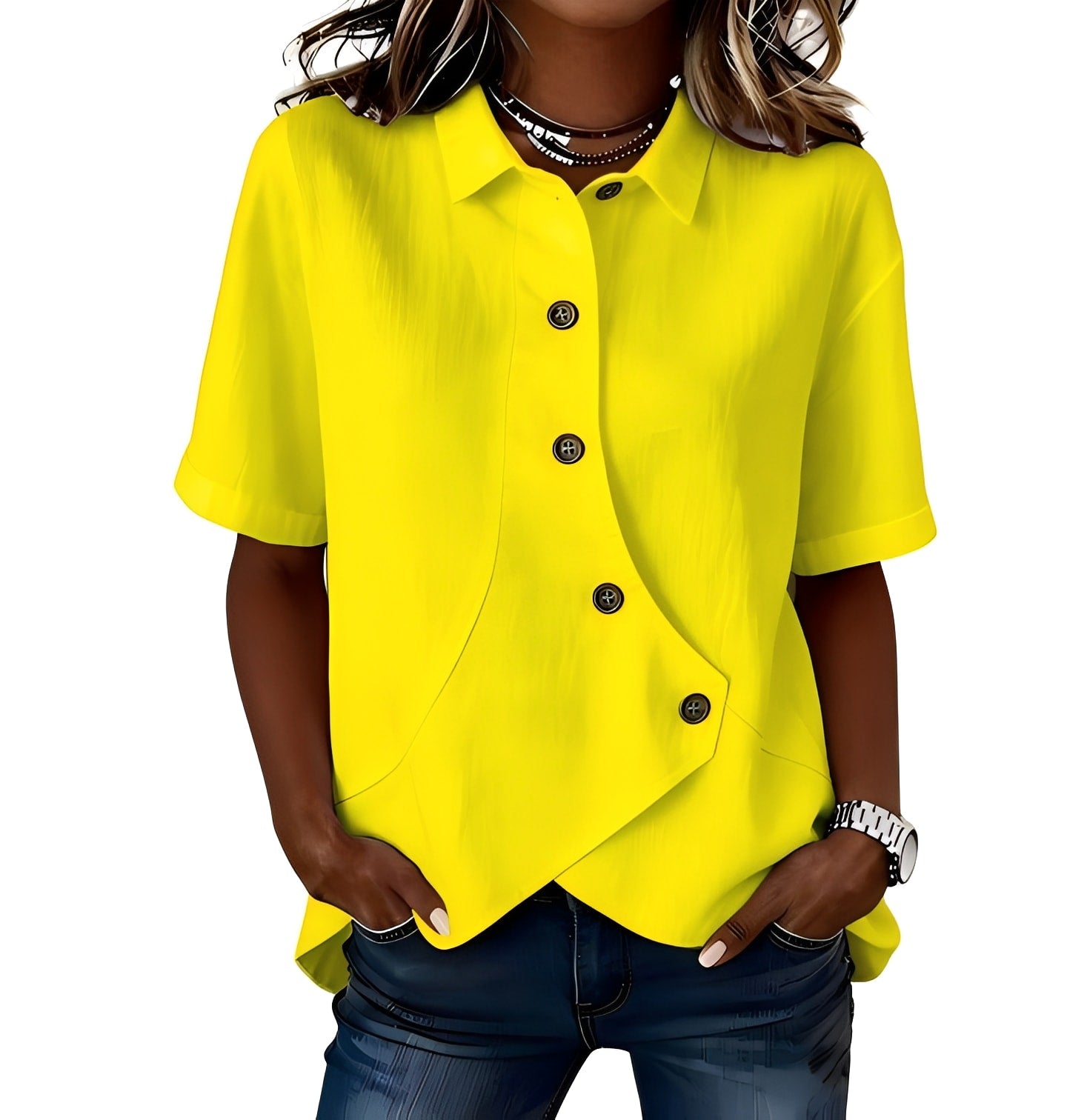 Blouse décontractée asymétrique pour femme avec col et boutons sur le devant