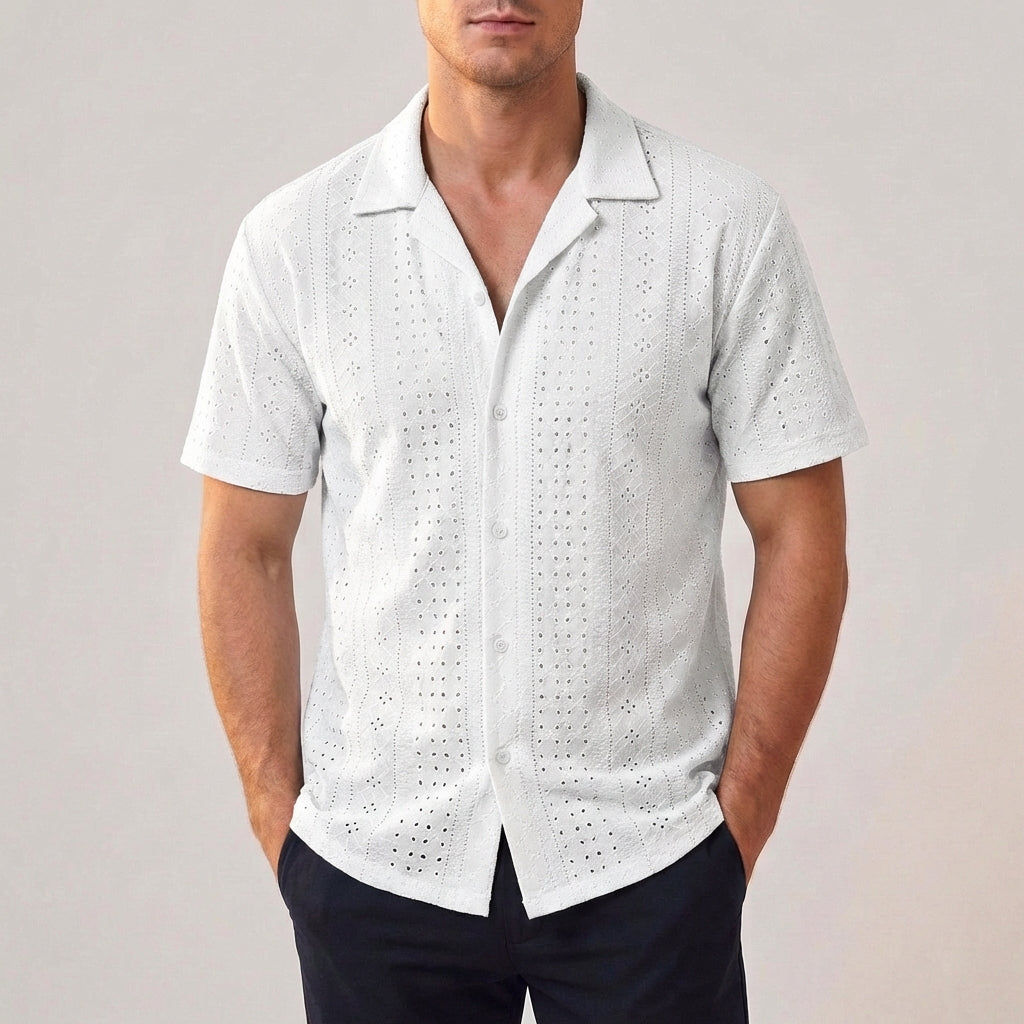 Men's Perforated Cotton Blend Shirt with Short Sleeves and Relaxed Fit
