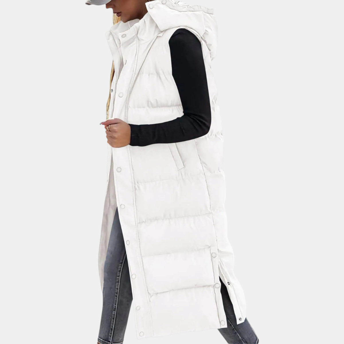 Women's Long Hooded Puffer Vest with Side Snap Buttons