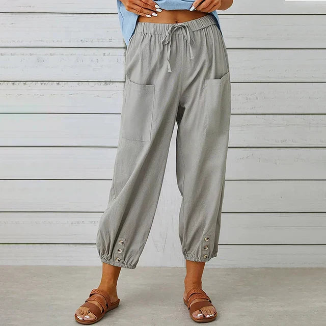 Women's Relaxed Drawstring Tapered Trousers with Button Hem