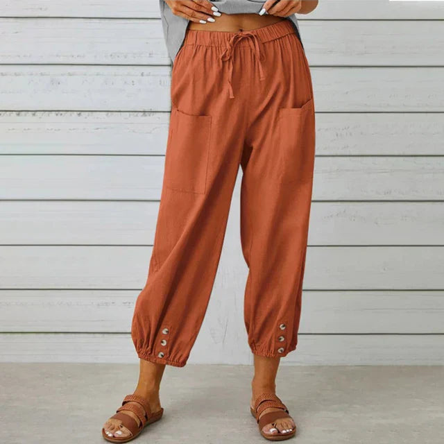 Women's Relaxed Drawstring Tapered Trousers with Button Hem