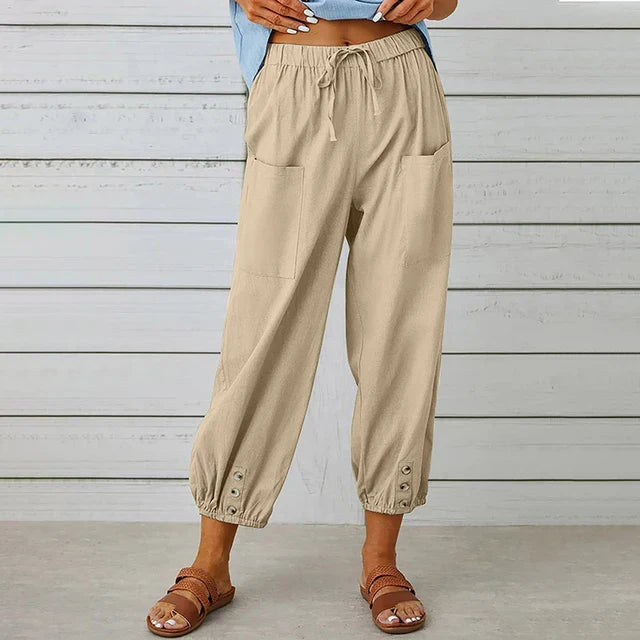 Women's Relaxed Drawstring Tapered Trousers with Button Hem