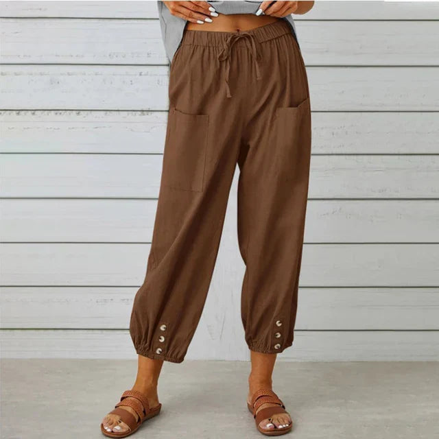 Women's Relaxed Drawstring Tapered Trousers with Button Hem