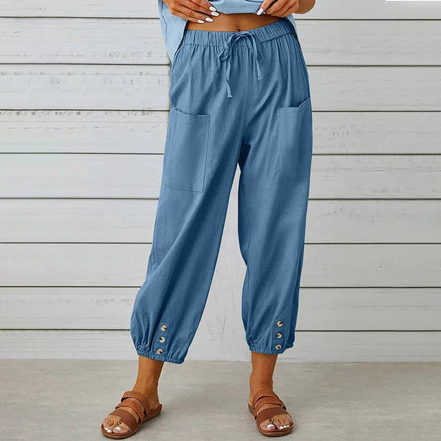 Women's Relaxed Drawstring Tapered Trousers with Button Hem