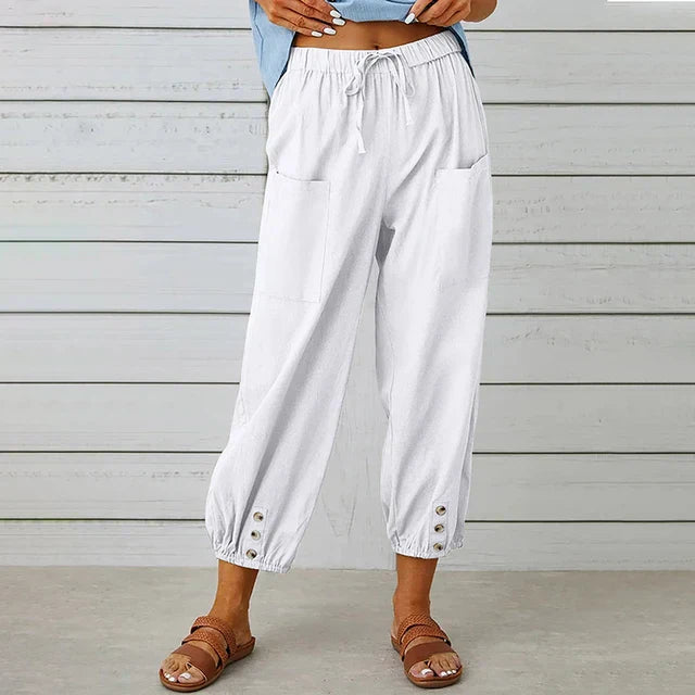 Women's Relaxed Drawstring Tapered Trousers with Button Hem