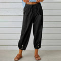 Damen lockere Hose mit Kordelzug, schmal zulaufend und Knopf am Saum