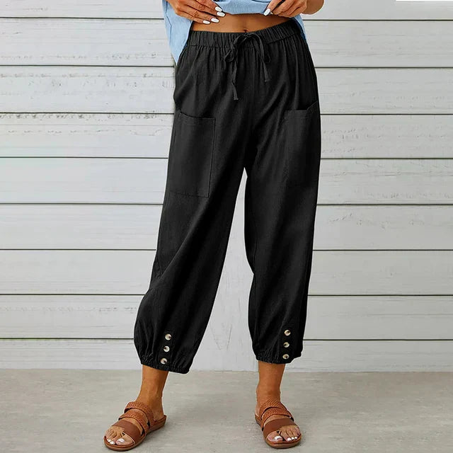 Women's Relaxed Drawstring Tapered Trousers with Button Hem