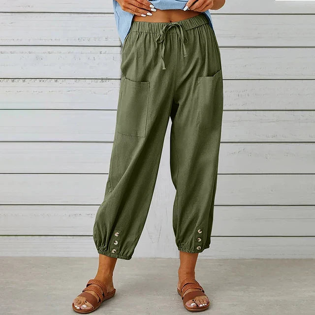 Women's Relaxed Drawstring Tapered Trousers with Button Hem
