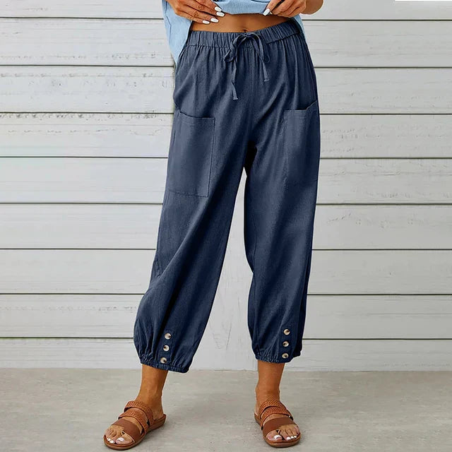 Women's Relaxed Drawstring Tapered Trousers with Button Hem
