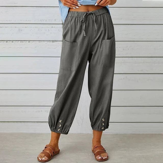 Women's Relaxed Drawstring Tapered Trousers with Button Hem