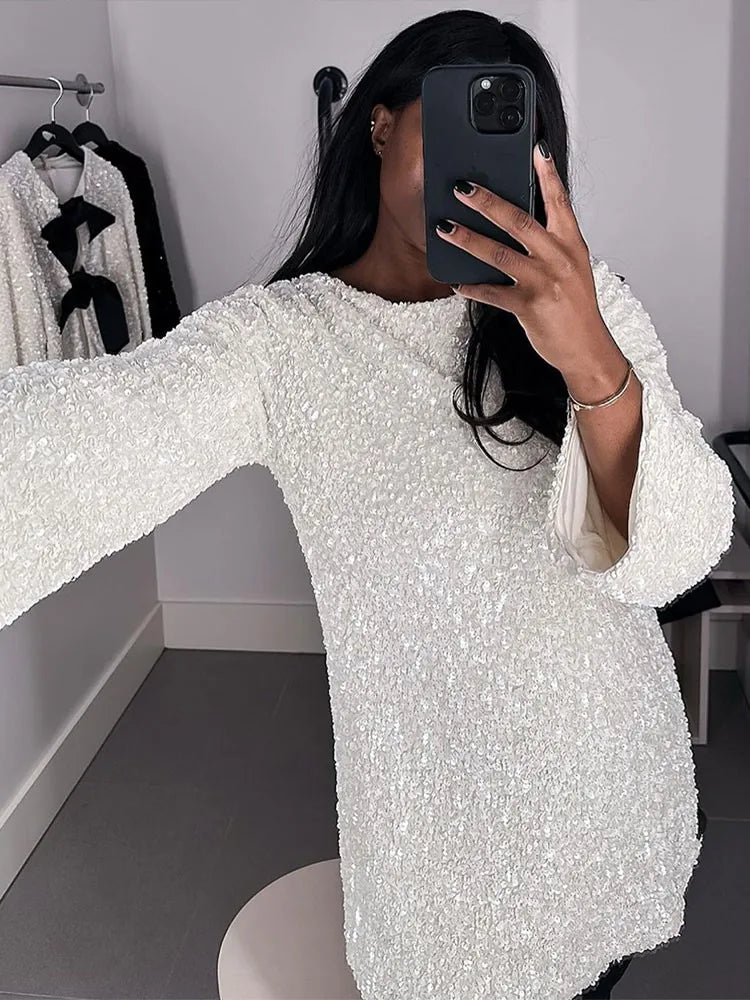 Women's Sequin Mini Dress with Open Back for Evening Celebrations
