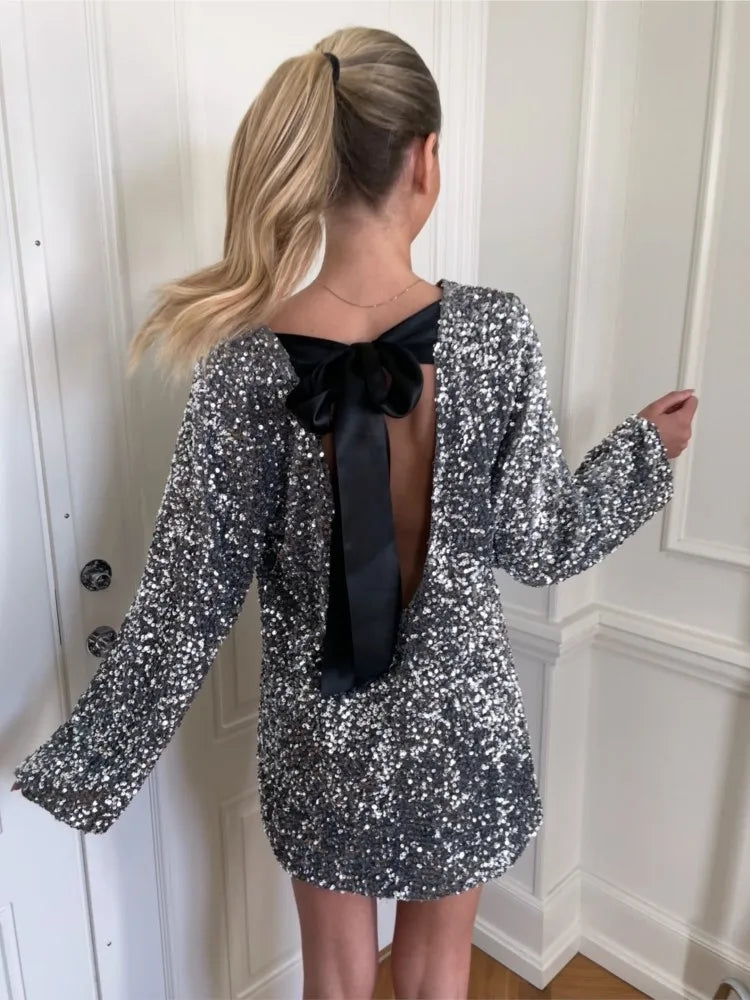 Women's Sequin Mini Dress with Open Back for Evening Celebrations