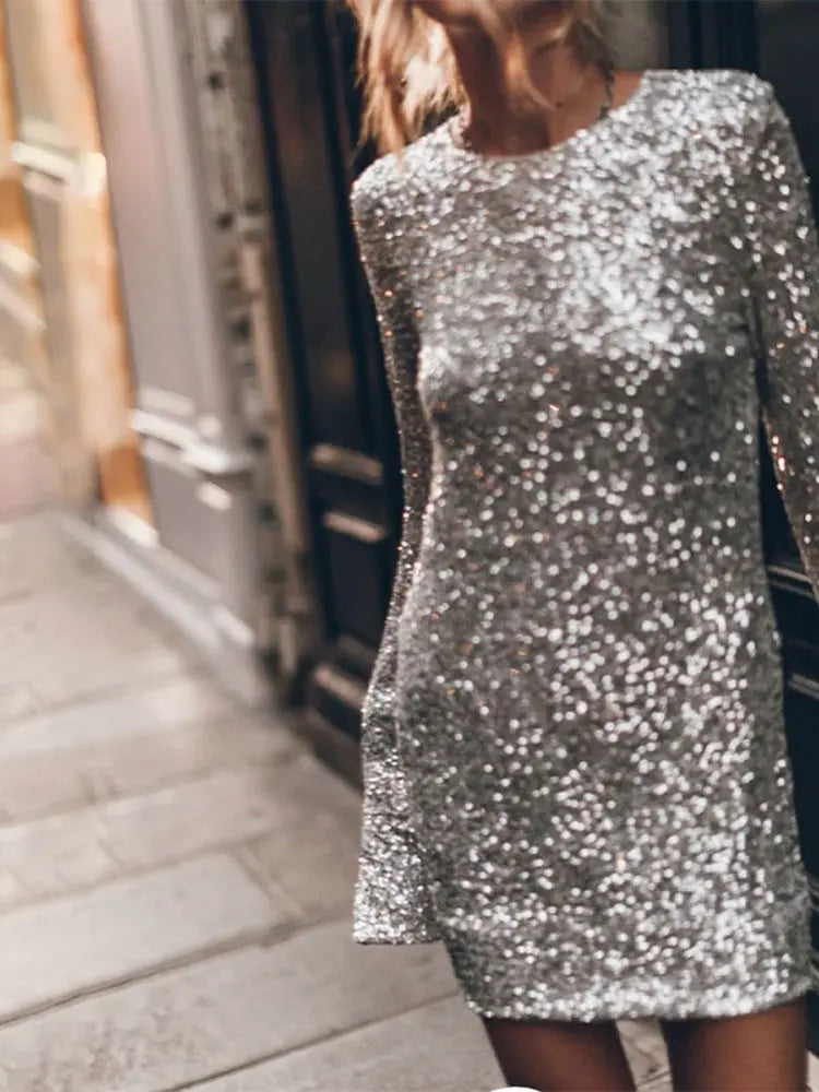 Women's Sequin Mini Dress with Open Back for Evening Celebrations