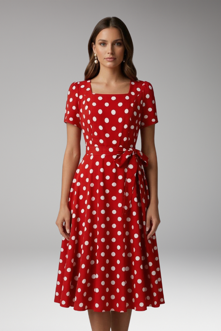 Damen-Midikleid mit Polka-Dots und Bindegürtel