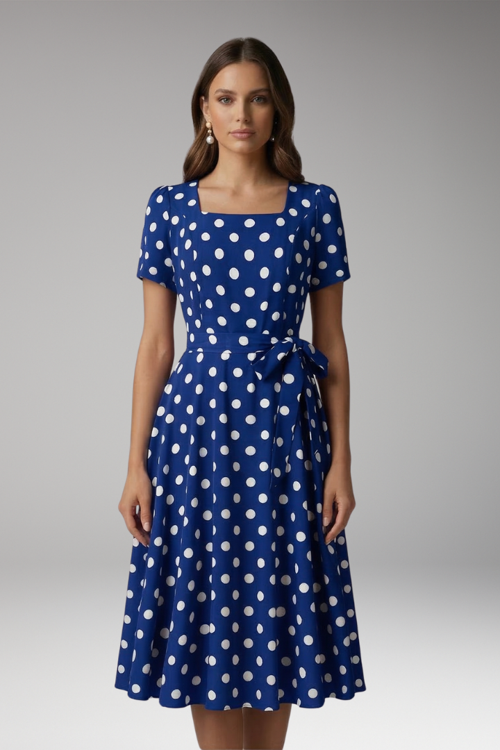 Women's Polka Dot Tie Waist Midi Dress