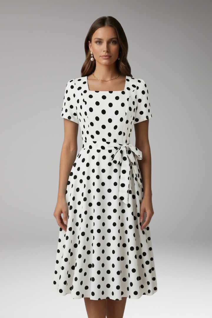 Women's Polka Dot Tie Waist Midi Dress