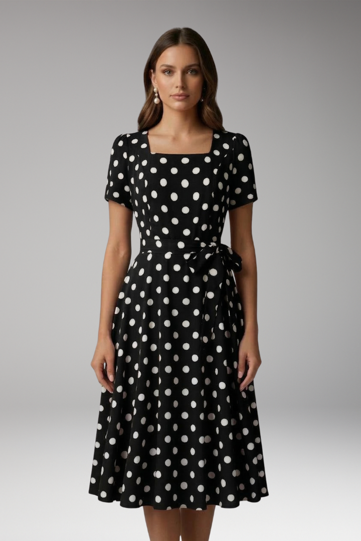 Women's Polka Dot Tie Waist Midi Dress