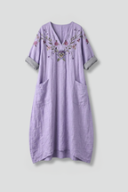Robe longue brodée pour femme à col en V