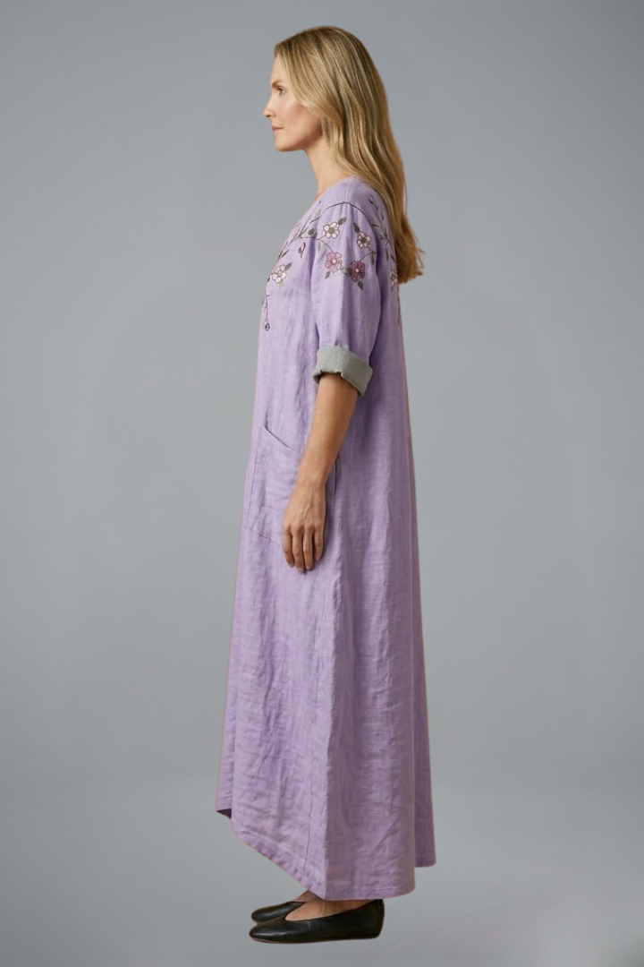 Robe longue brodée pour femme à col en V