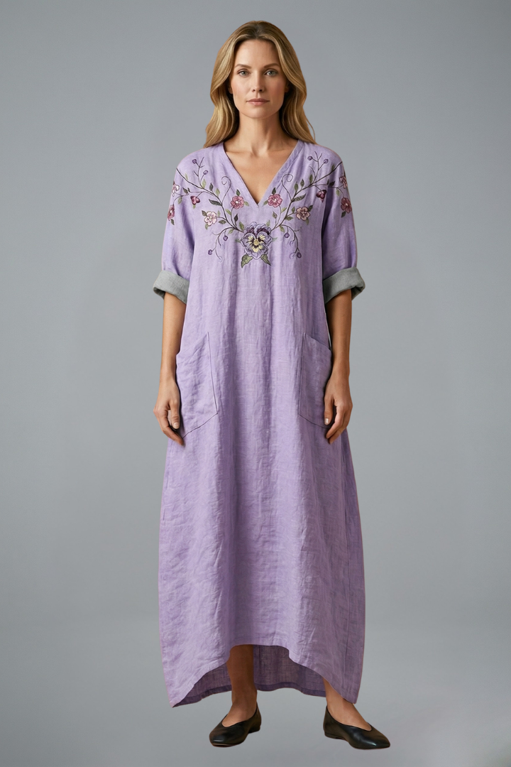 Robe longue brodée pour femme à col en V