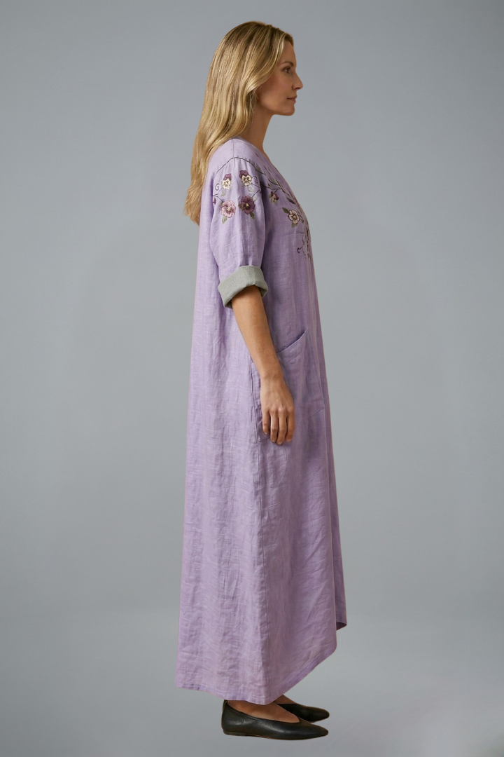 Robe longue brodée pour femme à col en V