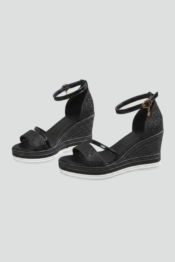 Sandalias de cuña con tira al tobillo y purpurina para mujer