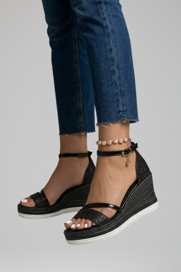 Sandalias de cuña con tira al tobillo y purpurina para mujer