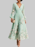 Elegantes Damen-Midikleid mit Blumenmuster, Faltenrock, tiefem V-Ausschnitt, langen Ballonärmeln und tailliertem Schnitt