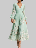 Elegantes Damen-Midikleid mit Blumenmuster, Faltenrock, tiefem V-Ausschnitt, langen Ballonärmeln und tailliertem Schnitt