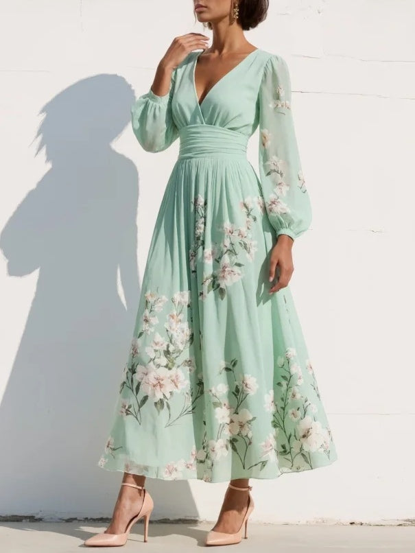 Elegantes Damen-Midikleid mit Blumenmuster, Faltenrock, tiefem V-Ausschnitt, langen Ballonärmeln und tailliertem Schnitt