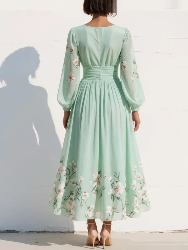 Elegantes Damen-Midikleid mit Blumenmuster, Faltenrock, tiefem V-Ausschnitt, langen Ballonärmeln und tailliertem Schnitt
