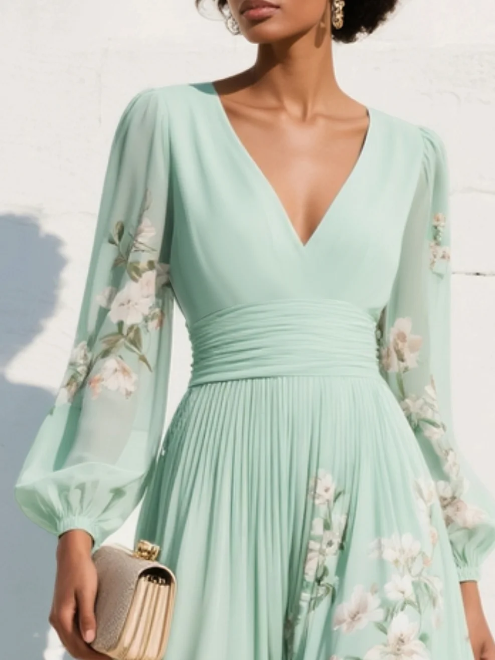 Elegantes Damen-Midikleid mit Blumenmuster, Faltenrock, tiefem V-Ausschnitt, langen Ballonärmeln und tailliertem Schnitt