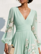 Elegantes Damen-Midikleid mit Blumenmuster, Faltenrock, tiefem V-Ausschnitt, langen Ballonärmeln und tailliertem Schnitt