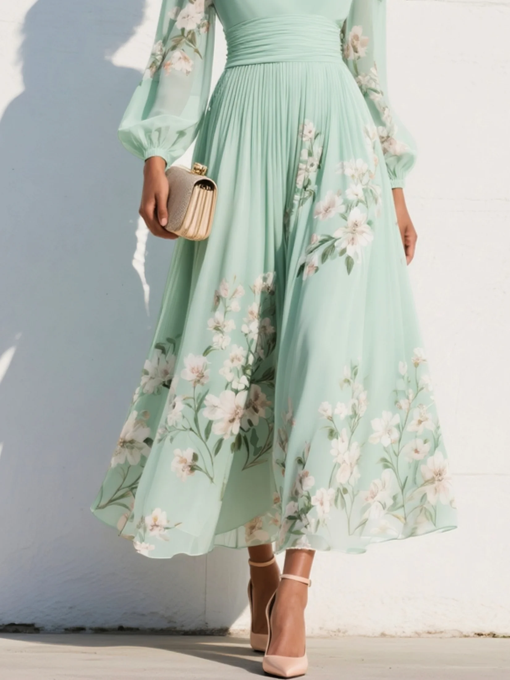 Elegantes Damen-Midikleid mit Blumenmuster, Faltenrock, tiefem V-Ausschnitt, langen Ballonärmeln und tailliertem Schnitt