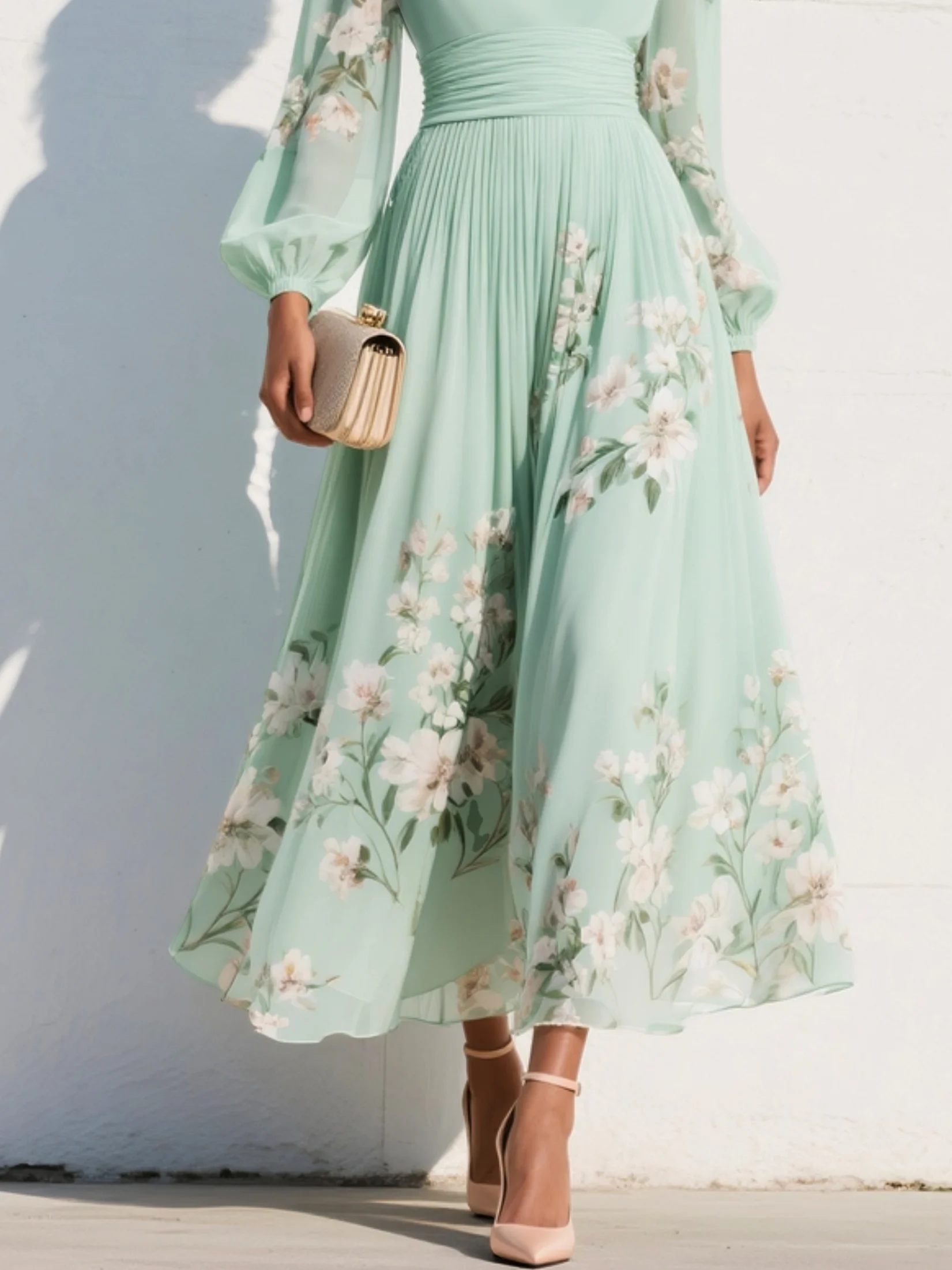 Elegantes Damen-Midikleid mit Blumenmuster, Faltenrock, tiefem V-Ausschnitt, langen Ballonärmeln und tailliertem Schnitt