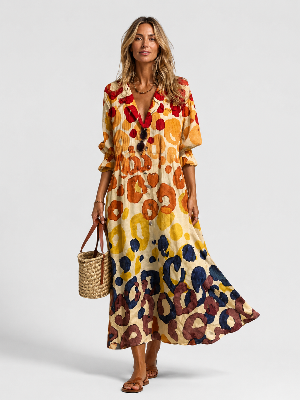 Vestido camisero largo de mujer con estampado abstracto