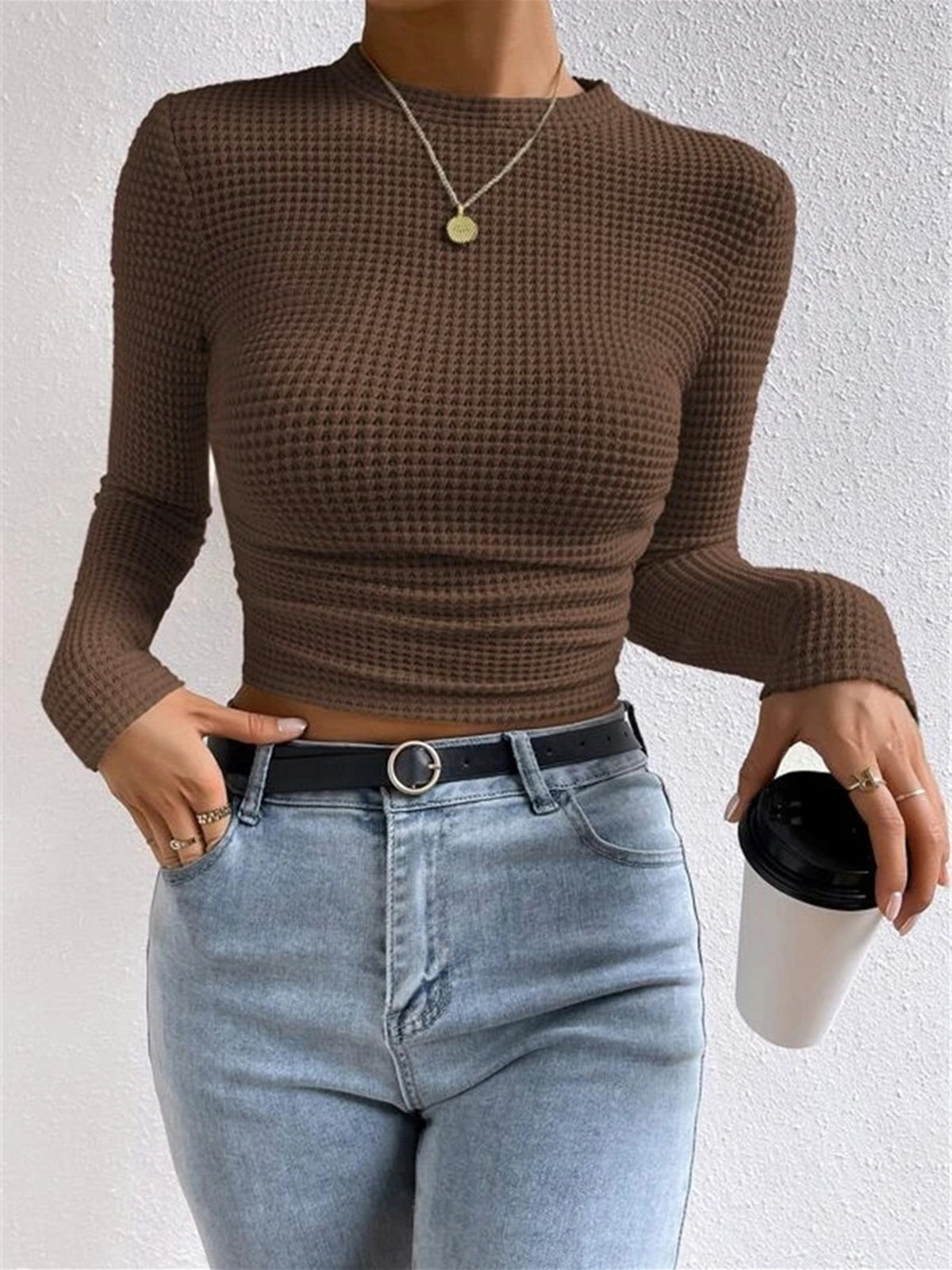 Women's Waffle Knit Long Sleeve Crop Top