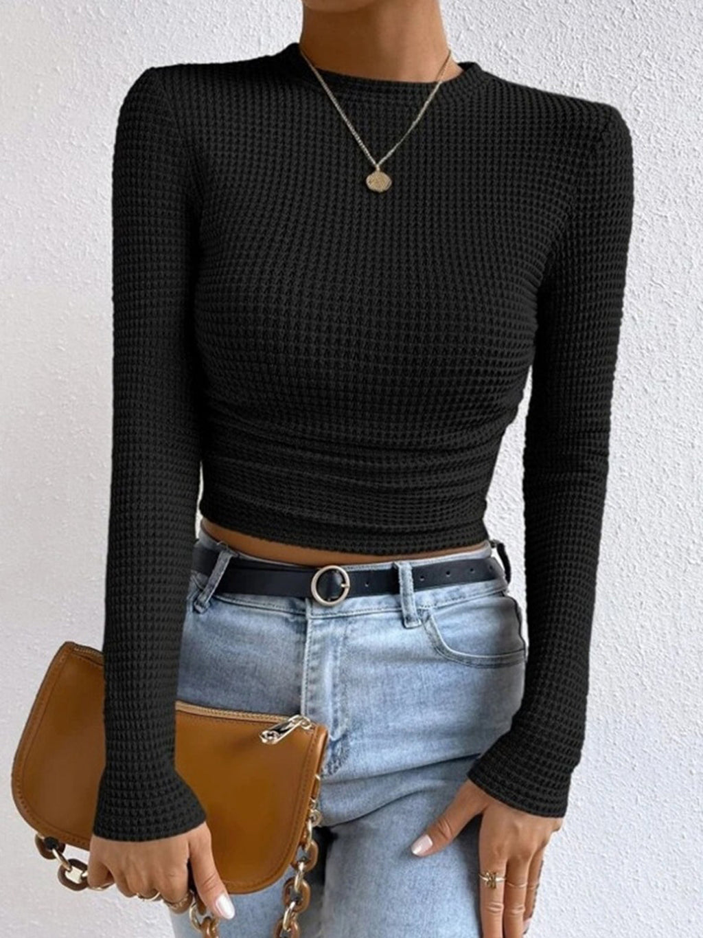 Women's Waffle Knit Long Sleeve Crop Top