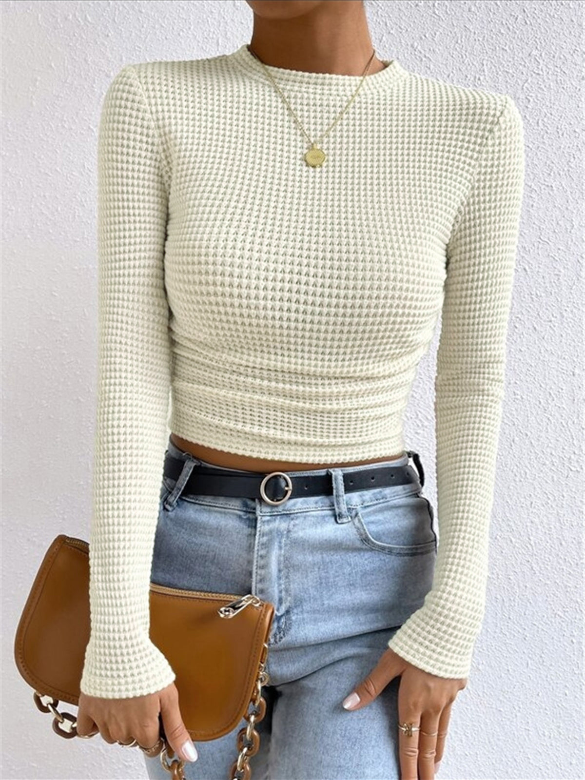 Women's Waffle Knit Long Sleeve Crop Top