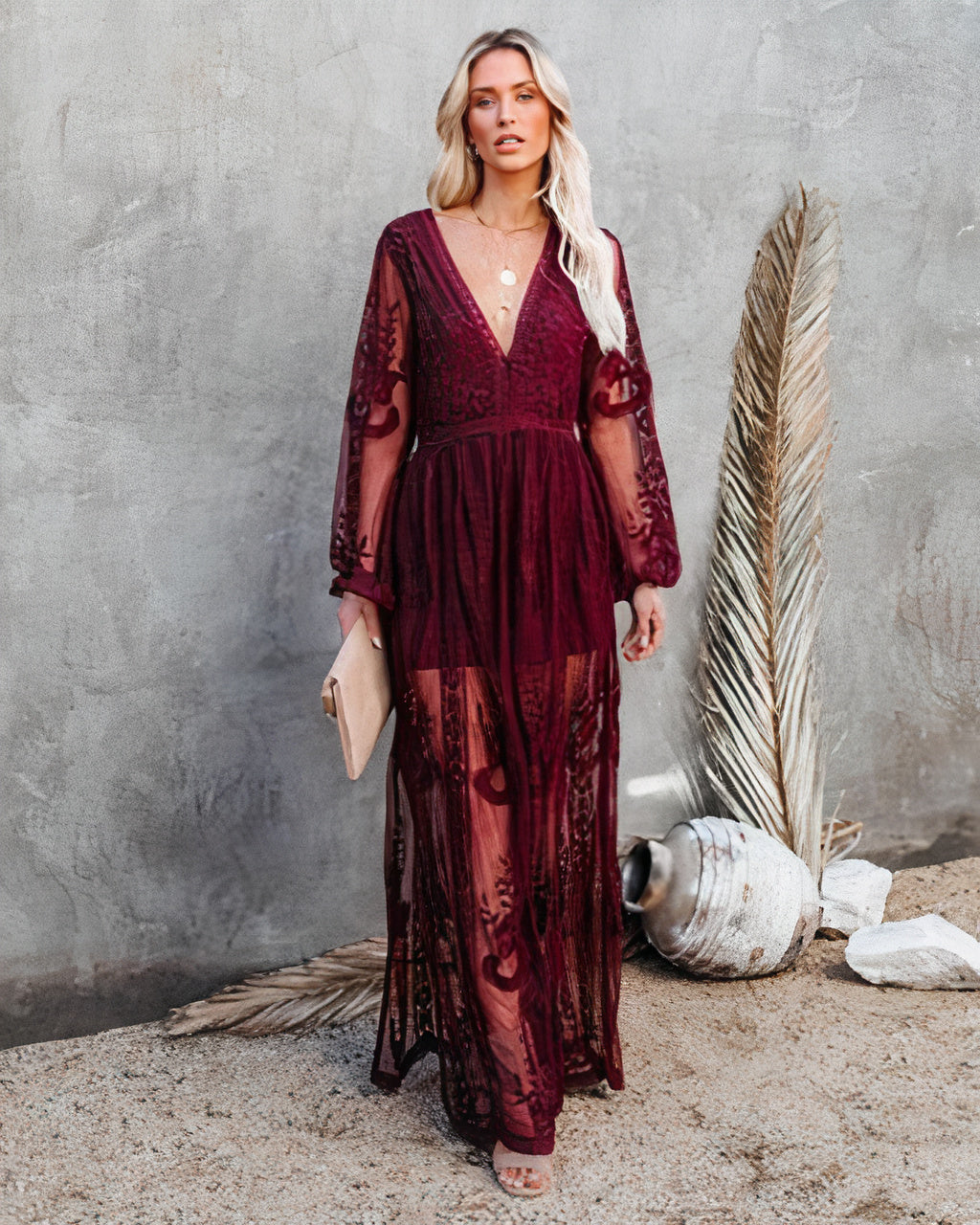 Maxi dress da donna in pizzo trasparente ricamato